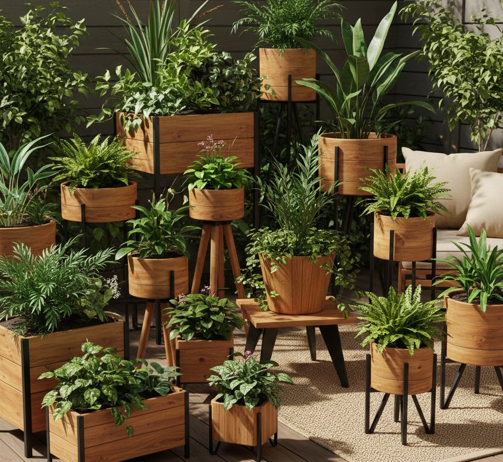 Houten plantenbakken en standaards op een terras