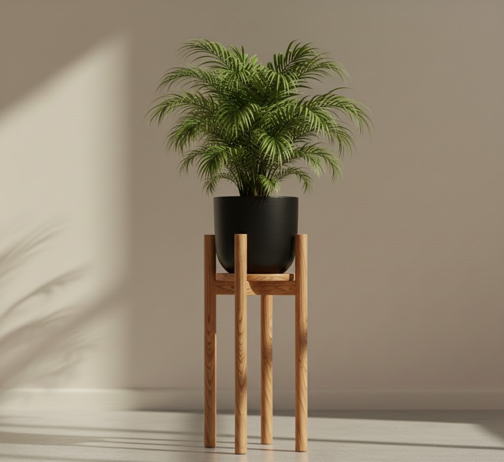 Moderne houten plantenstandaard